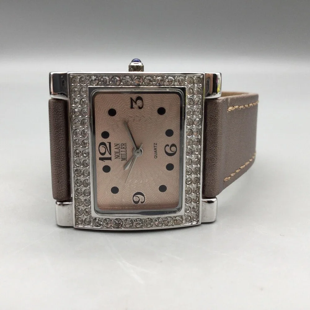 Nolan Miller Womens Watch 30mm Rose Dial Crystal Bezel Brown Leather New Battery